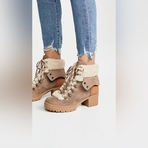 SEE BY CHLOE Eileen $450 Hiker Boots Suede Leather Shearling  Sz 9 Taupe NEW